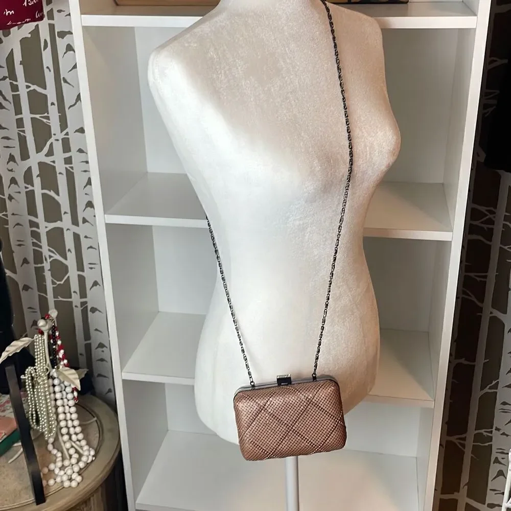 Nicole Miller Blush Pink Metal Mesh Chain Strap Structured Frame Evening Bag